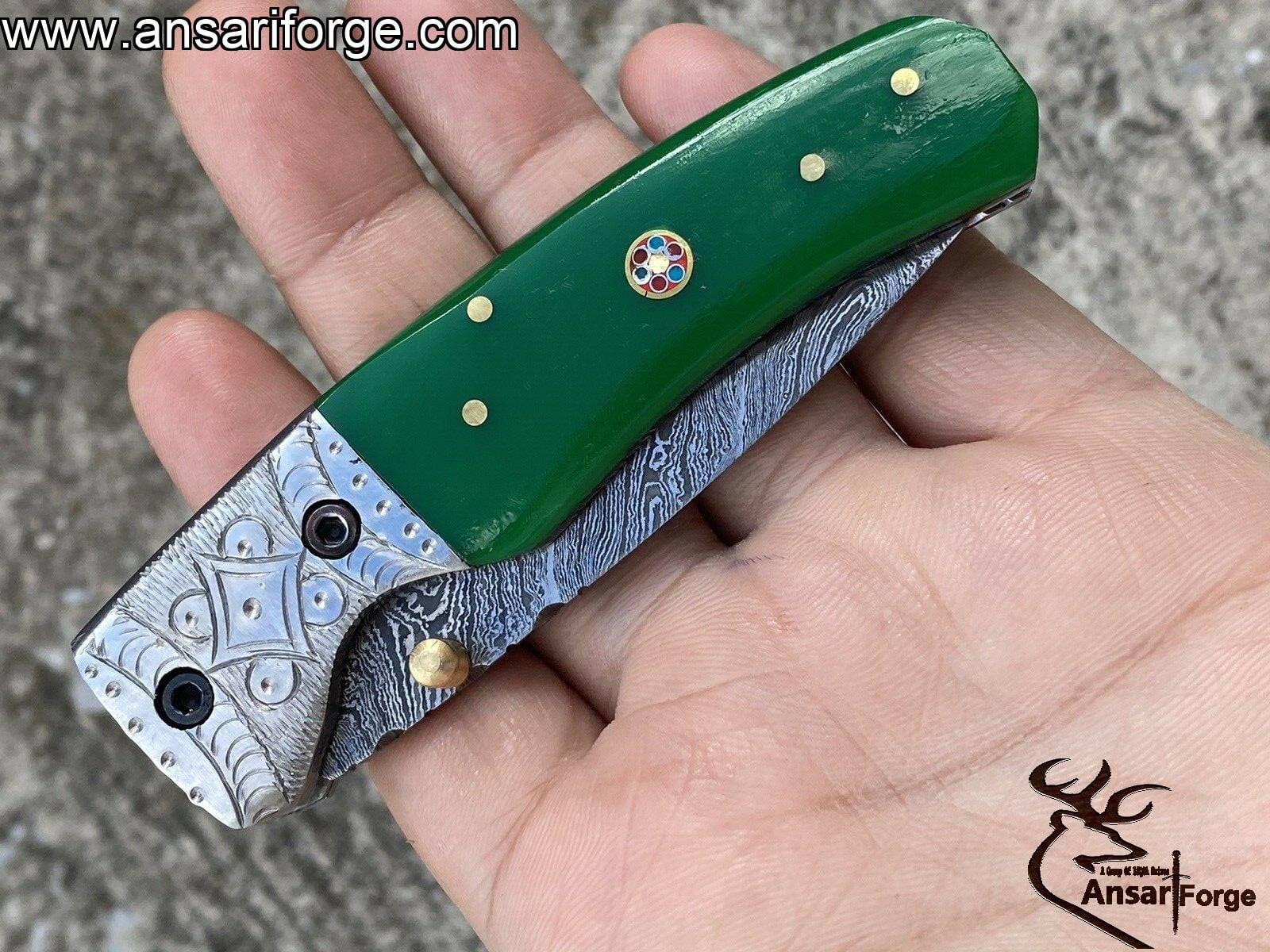 Damascus steel engraved pocket knife