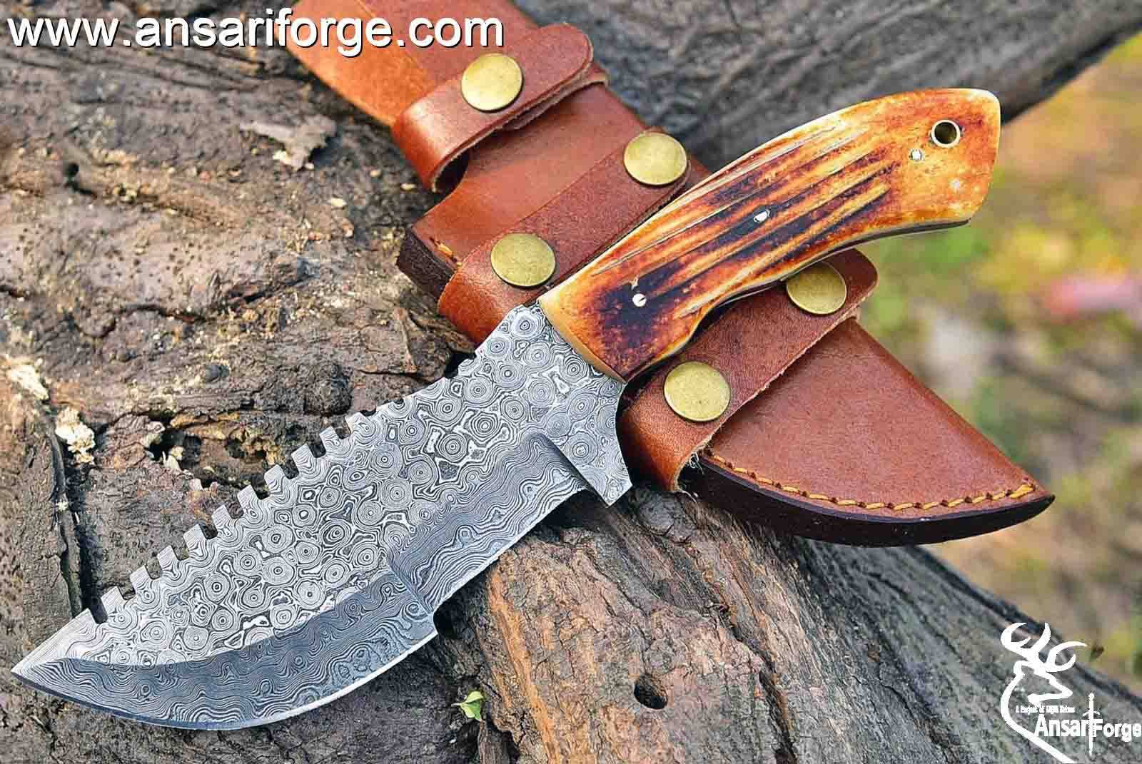 Custom Handmade Damascus Steel Tracker Knife - Stunning Bone Handle & Leather Sheath.