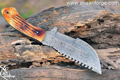 Custom Handmade Damascus Steel Tracker Knife - Stunning Bone Handle & Leather Sheath