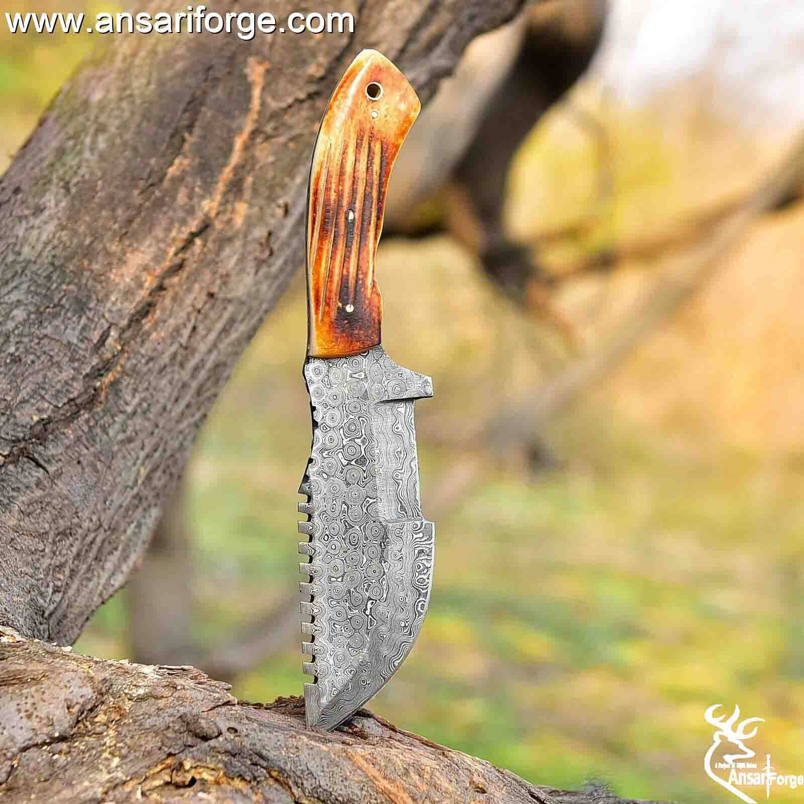 Custom Handmade Damascus Steel Tracker Knife - Stunning Bone Handle & Leather Sheath