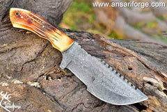 Custom Handmade Damascus Steel Tracker Knife - Stunning Bone Handle & Leather Sheath