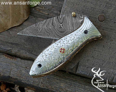 Custom made Damascus steel fish folding knife