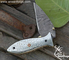 Custom made Damascus steel fish folding knife