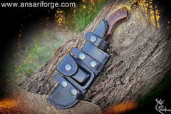 Handmade leather knife sheath with secure strap for Damascus Tracker.