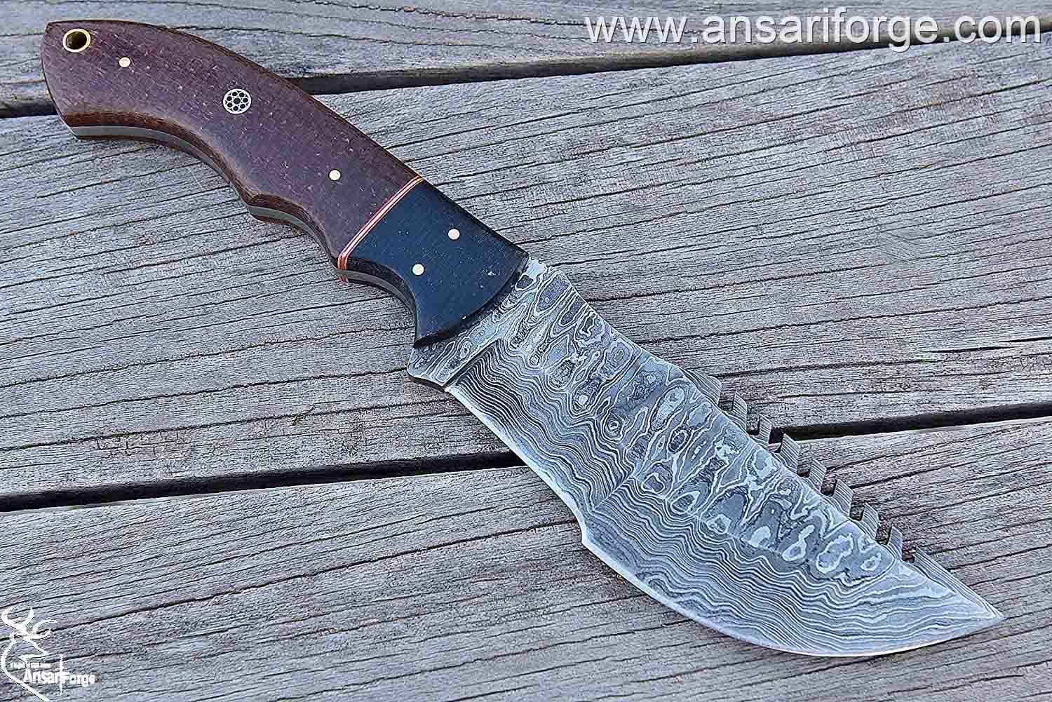 Handmade leather knife sheath with secure strap for Damascus Tracker.