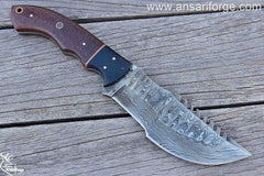 Handmade leather knife sheath with secure strap for Damascus Tracker.