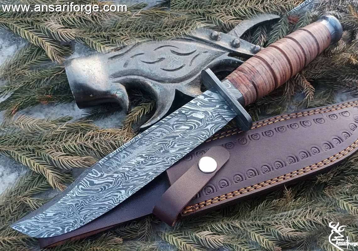 Ansari Forge  Damascus Steel USMC Combat Fighter Fixed Blade Hunting Knife With Sheath Prototype .