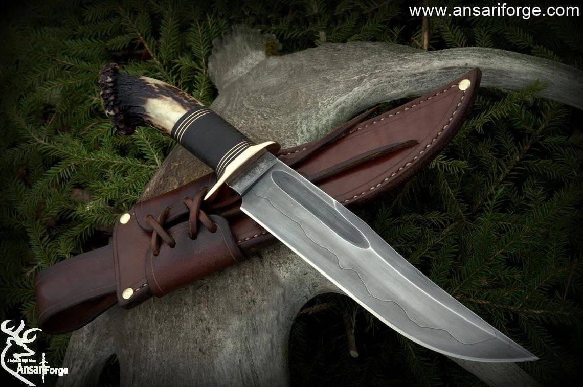 Custom Handmade 5160 Steel Hamon Blade Bowie Knife Stag Hon Handle Hunting Knife With Sheath
