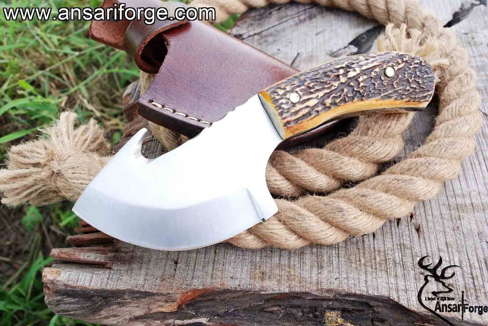 Ansari Forge Gut Hook Knife - Hand-Forged 440C Steel Blade with Stag Antler Handle.