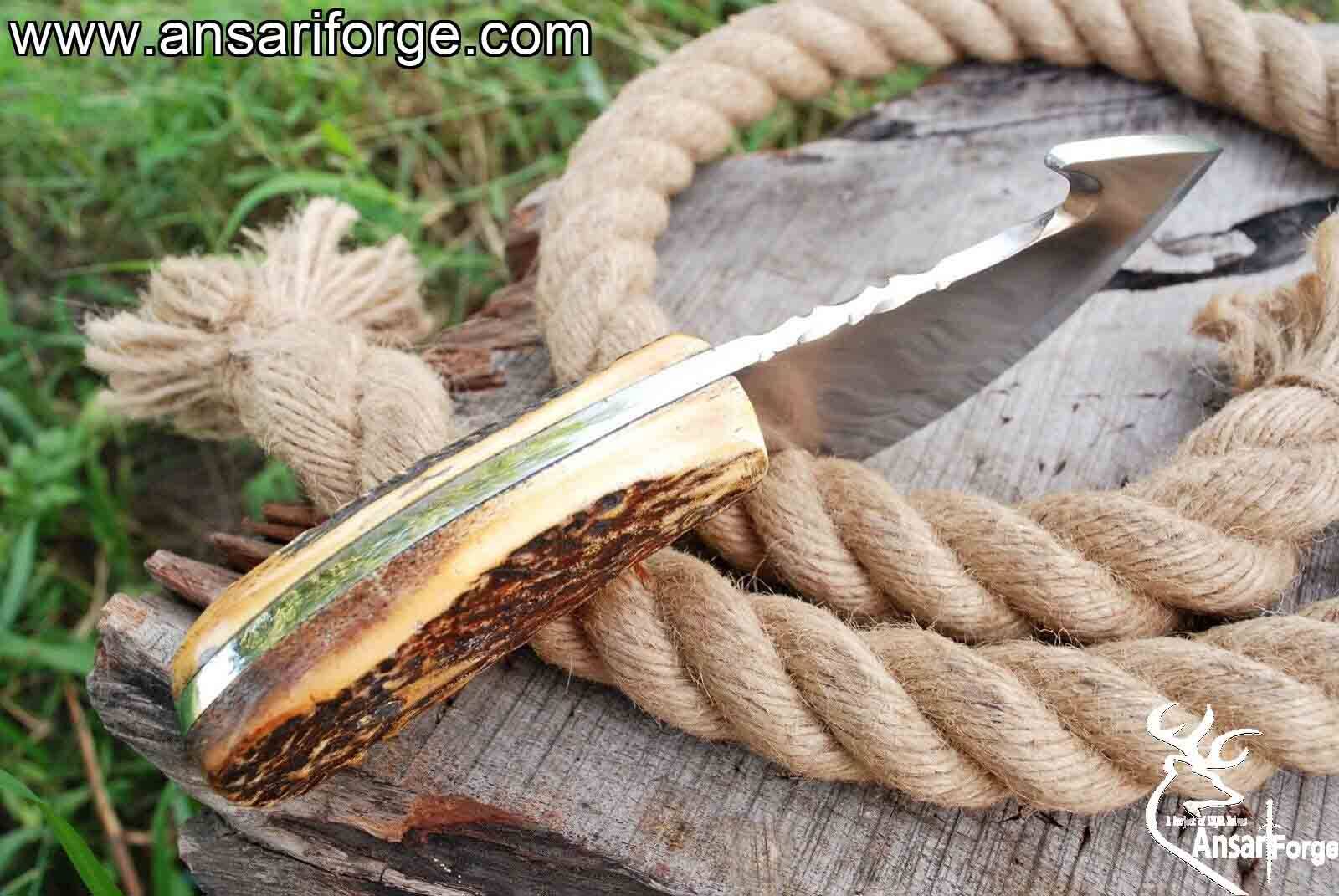 Full tang hunting knife with gut hook and stag handle.