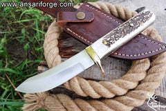Custom Made D2 Steel Stag Handle Hunting Knife With Leather Sheath