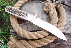 Custom Made D2 Steel Stag Handle Hunting Knife With Leather Sheath