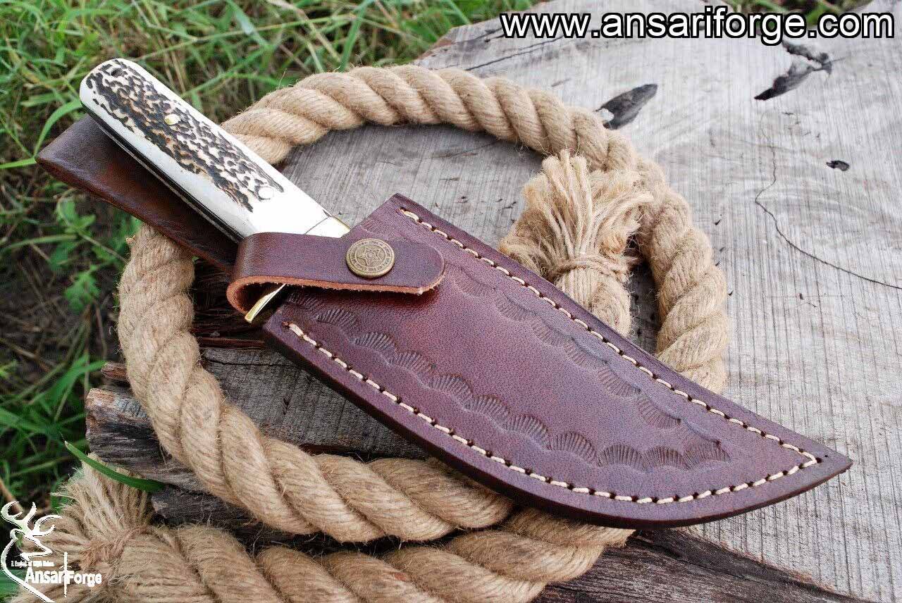 Custom Made D2 Steel Stag Handle Hunting Knife With Leather Sheath