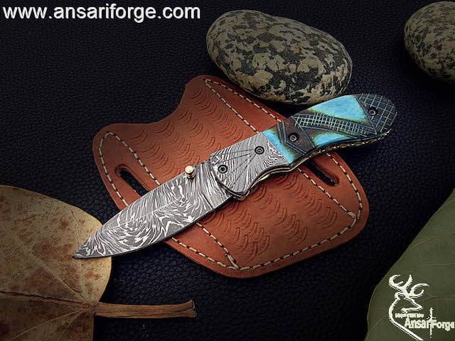 Damascus pocket knife 7.0 " long folding blade hunting knife with leather sheath | Ansari Forge