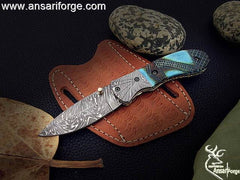 Damascus pocket knife 7.0 " long folding blade hunting knife with leather sheath | Ansari Forge