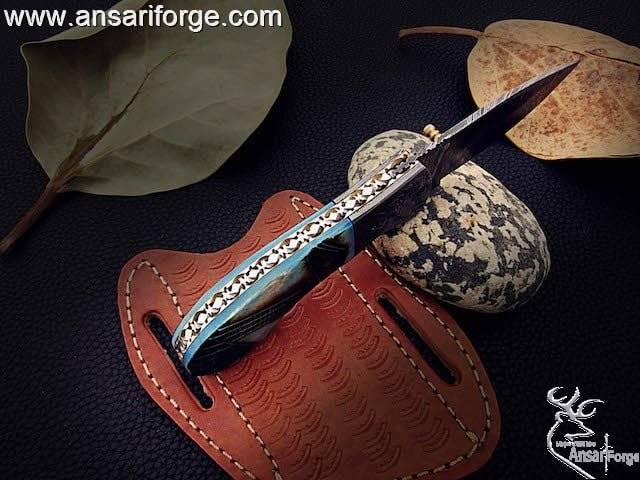 Damascus pocket knife 7.0 " long folding blade hunting knife with leather sheath | Ansari Forge