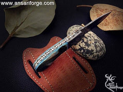 Damascus pocket knife 7.0 " long folding blade hunting knife with leather sheath | Ansari Forge