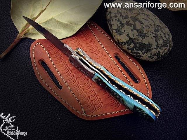 Damascus pocket knife 7.0 " long folding blade hunting knife with leather sheath | Ansari Forge