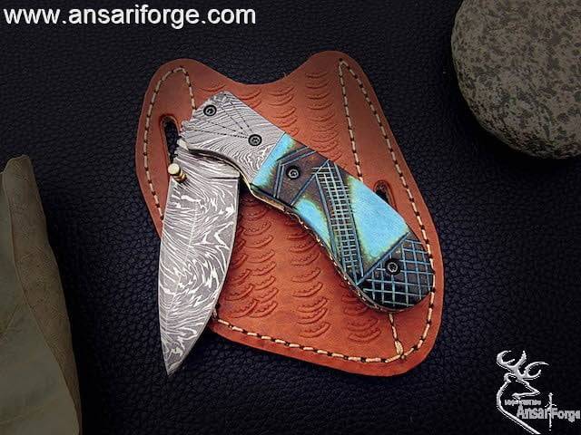 Damascus pocket knife 7.0 " long folding blade hunting knife with leather sheath | Ansari Forge