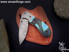 Damascus pocket knife 7.0 " long folding blade hunting knife with leather sheath | Ansari Forge