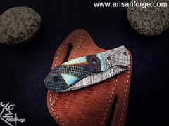 Damascus pocket knife 7.0 " long folding blade hunting knife with leather sheath | Ansari Forge