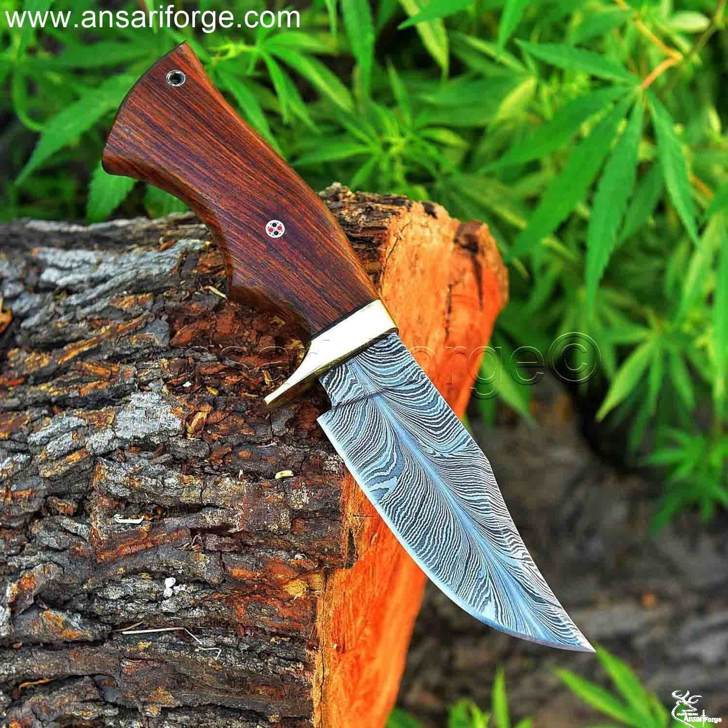 Close-up of a Handmade, forged Damascus Knife blade, showcasing the intricate feather pattern.