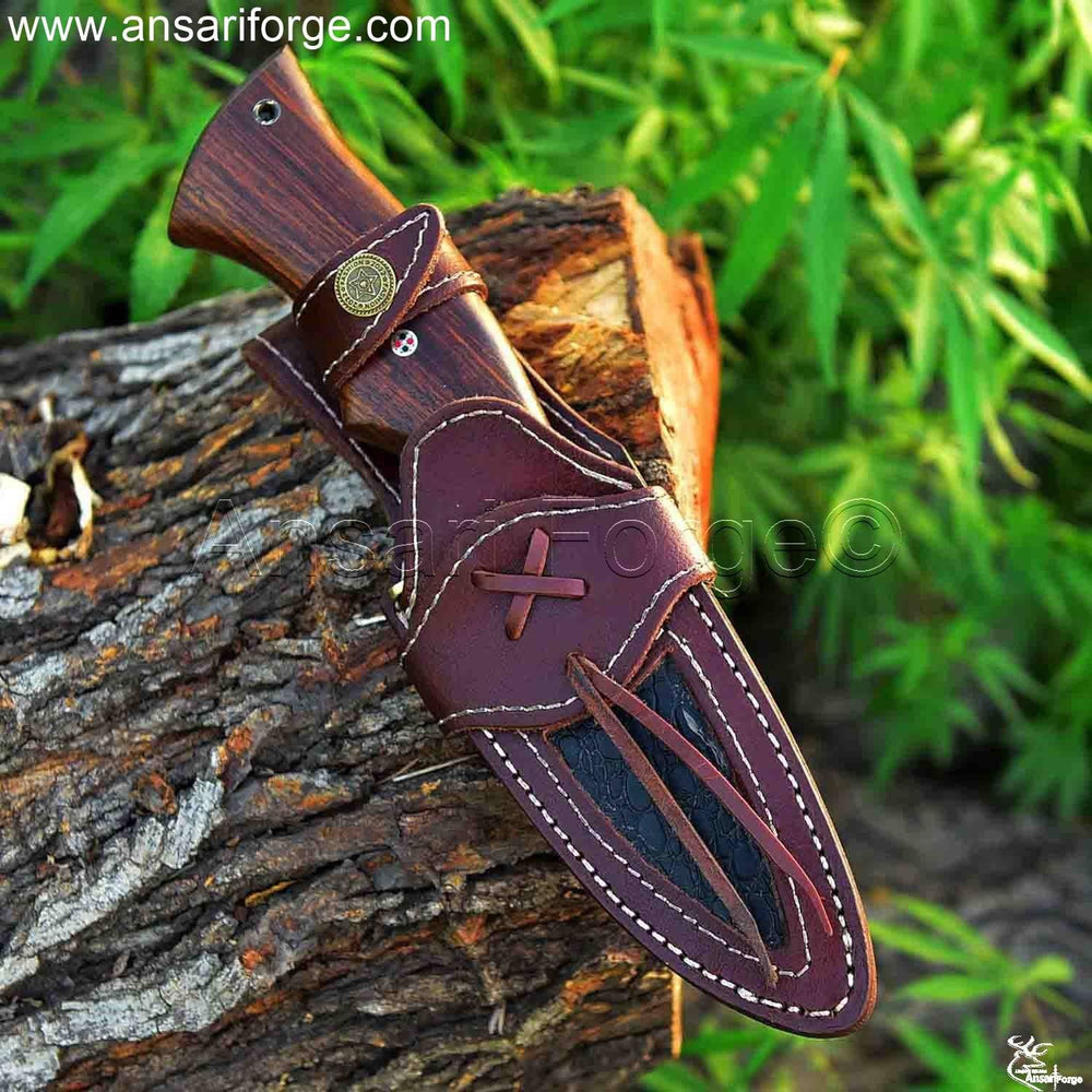 Feather Damascus knife for hunting in handmade leather sheath.