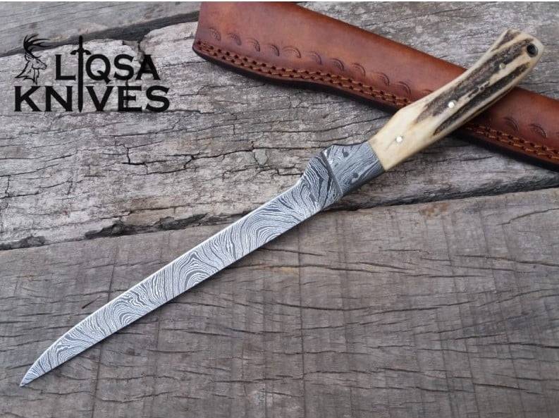 Premium custom Damascus fillet knife for fish with leather sheath - Ansari Forge.