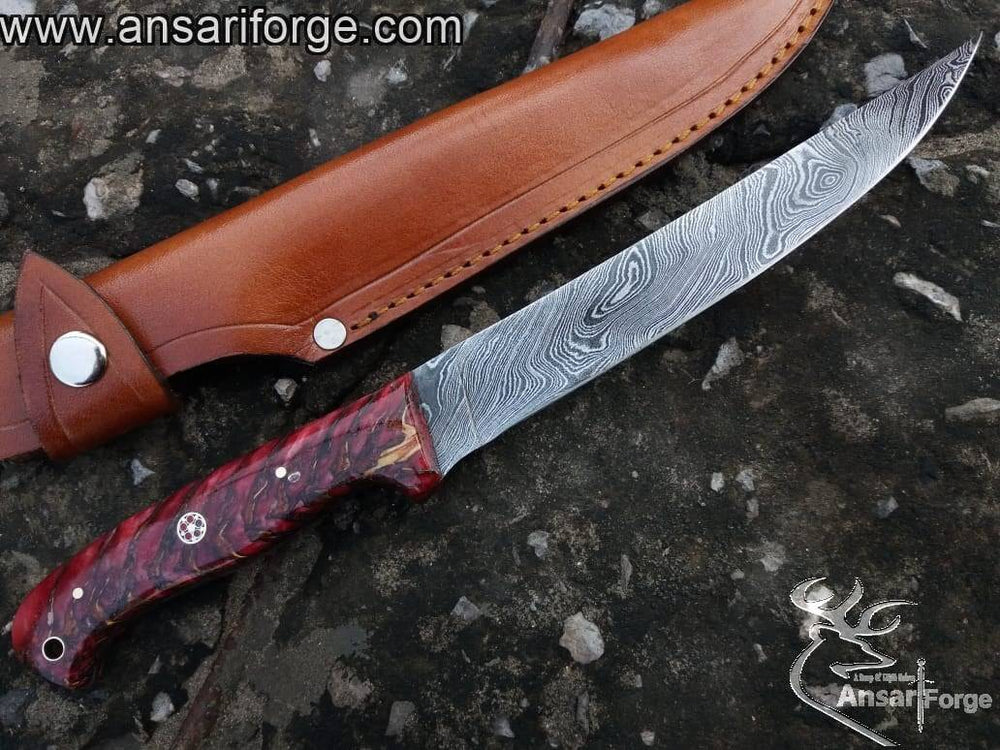 Best fish fillet knife with a Damascus steel blade and a red pine cone handle.