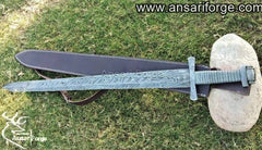 Damascus Viking sword displayed in a classic Norse or Viking Age setting.