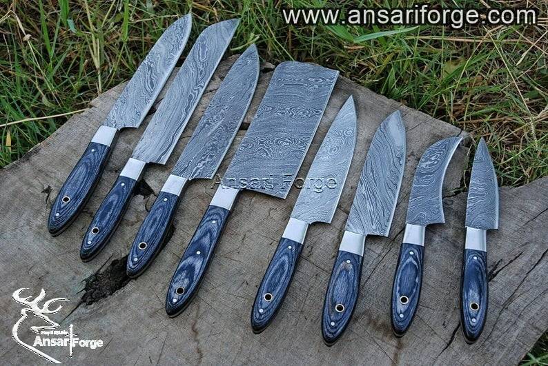 Damascus steel chef knife set professional 8 kitchen knives with case / roll bag blue pakka wood handles