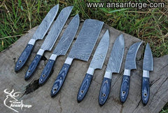 Damascus steel chef knife set professional 8 kitchen knives with case / roll bag blue pakka wood handles