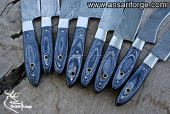 Damascus steel chef knife set professional 8 kitchen knives with case / roll bag blue pakka wood handles