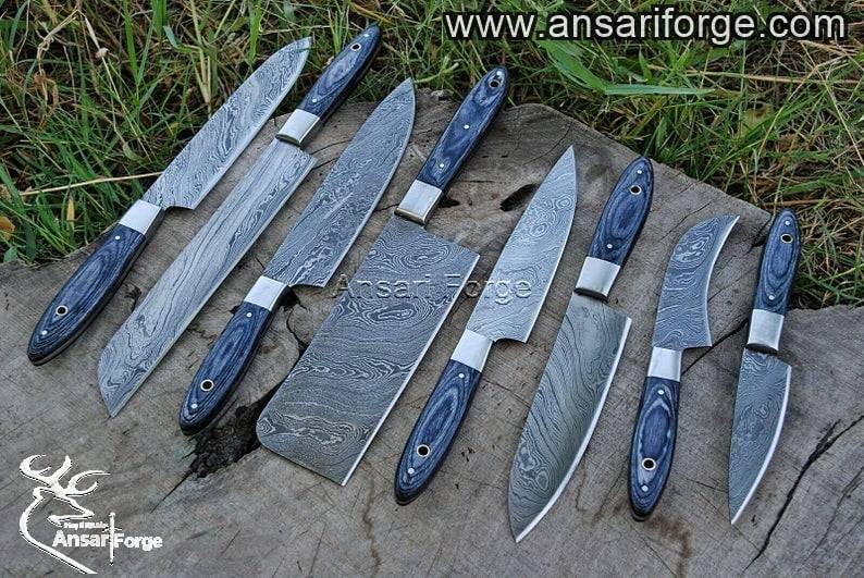 Damascus steel chef knife set professional 8 kitchen knives with case / roll bag blue pakka wood handles