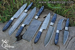 Damascus steel chef knife set professional 8 kitchen knives with case / roll bag blue pakka wood handles