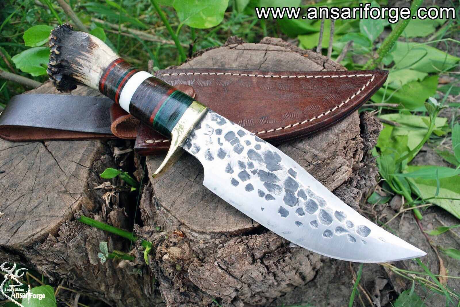 Custom Hammer forged D2 steel hunting knife - stag antler handle survival EDC , Tactical knives with sheath for men