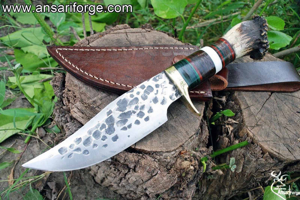 Custom Hammer forged D2 steel hunting knife - stag antler handle survival EDC , Tactical knives with sheath for men