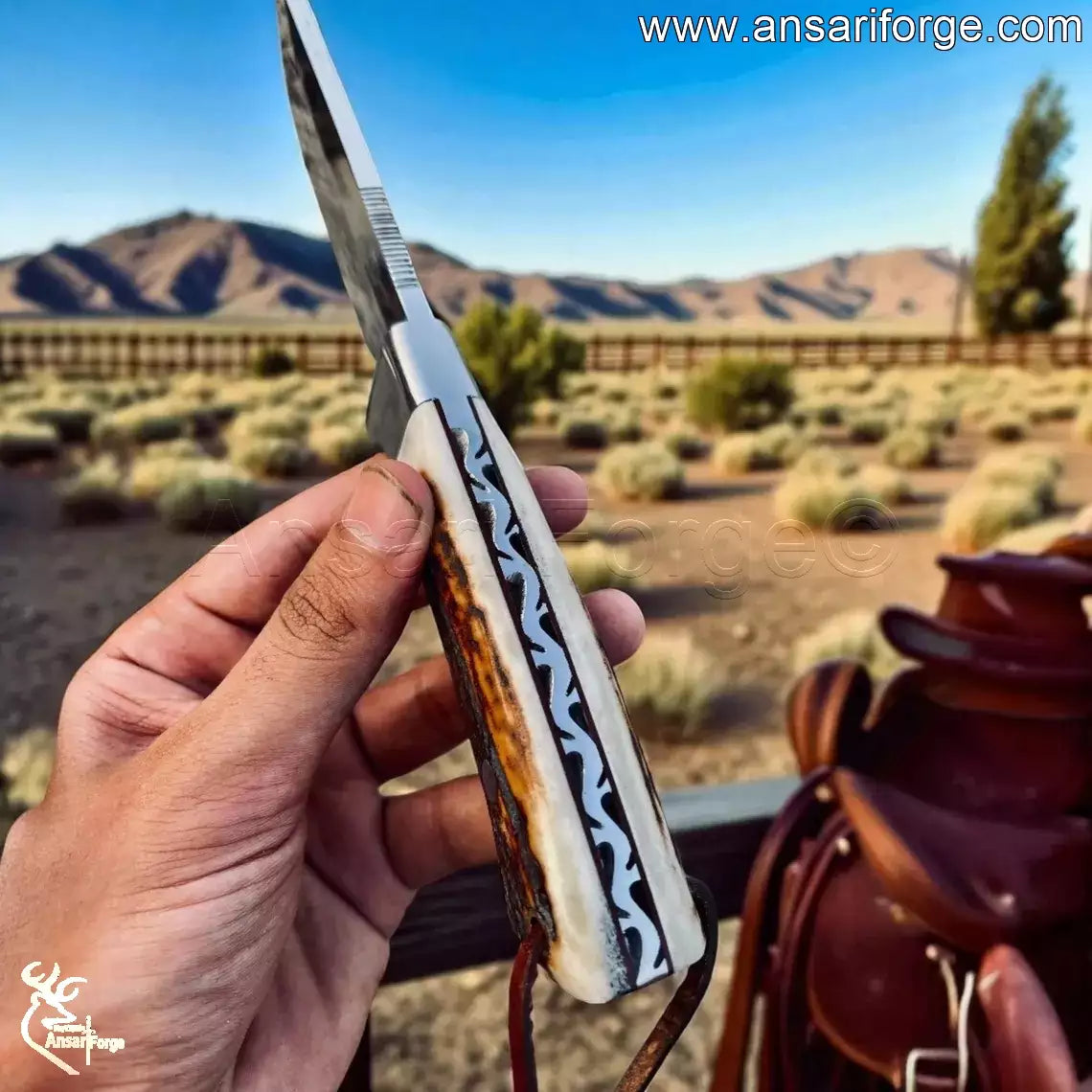 Drop Point Antler Knife with File Work.
