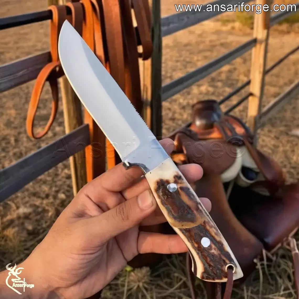 Handmade Antler Hunting Knife with Leather Sheath – Full Tang 440C Steel Blade.