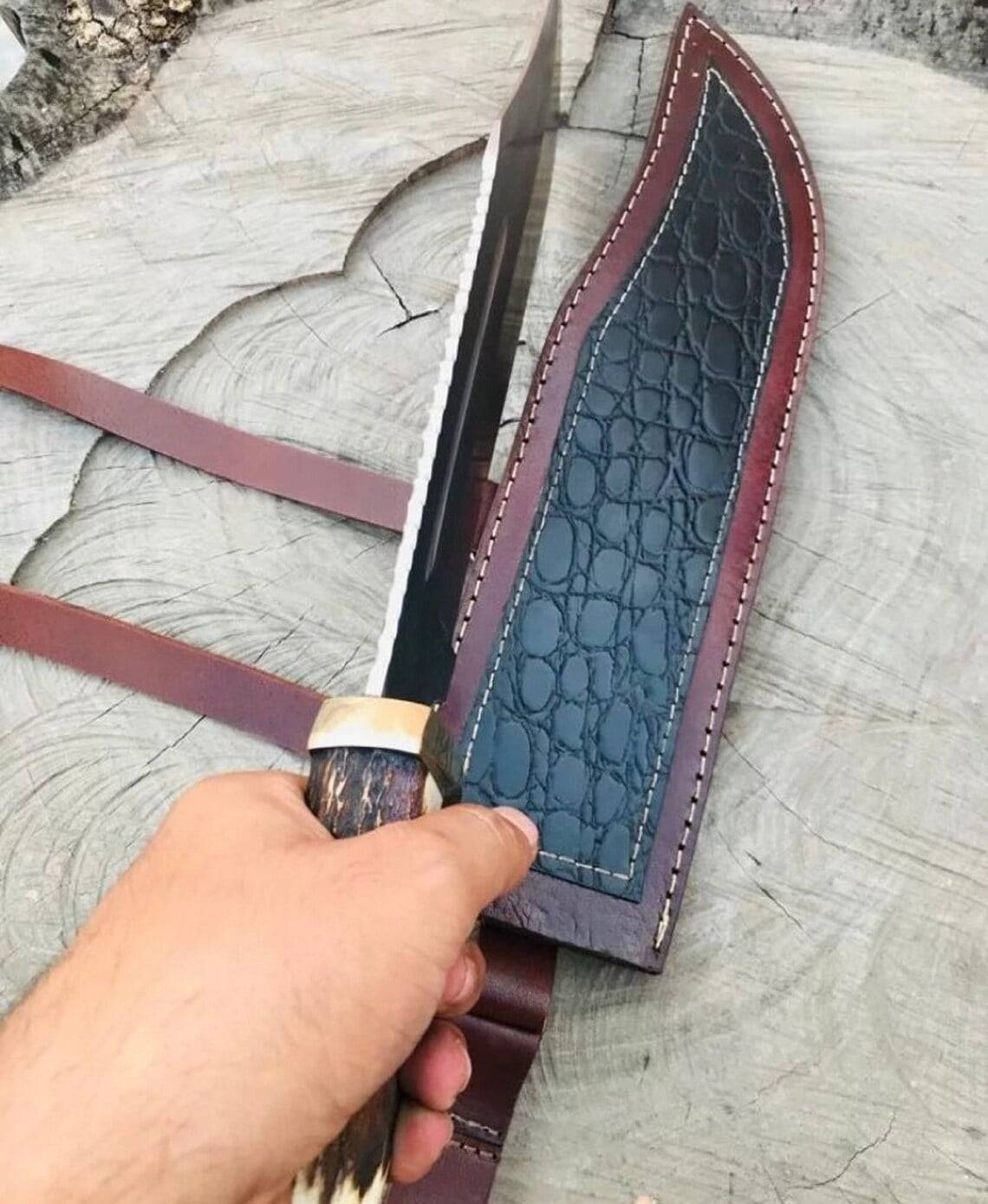 17-inch Bowie Knife, Full-tang Fixed Blade, Stag Handle Hunting Knife with Leather Sheath for Camping, Hiking, Survival