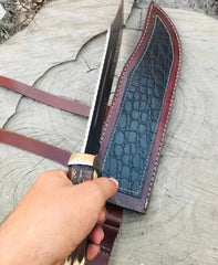 17-inch Bowie Knife, Full-tang Fixed Blade, Stag Handle Hunting Knife with Leather Sheath for Camping, Hiking, Survival