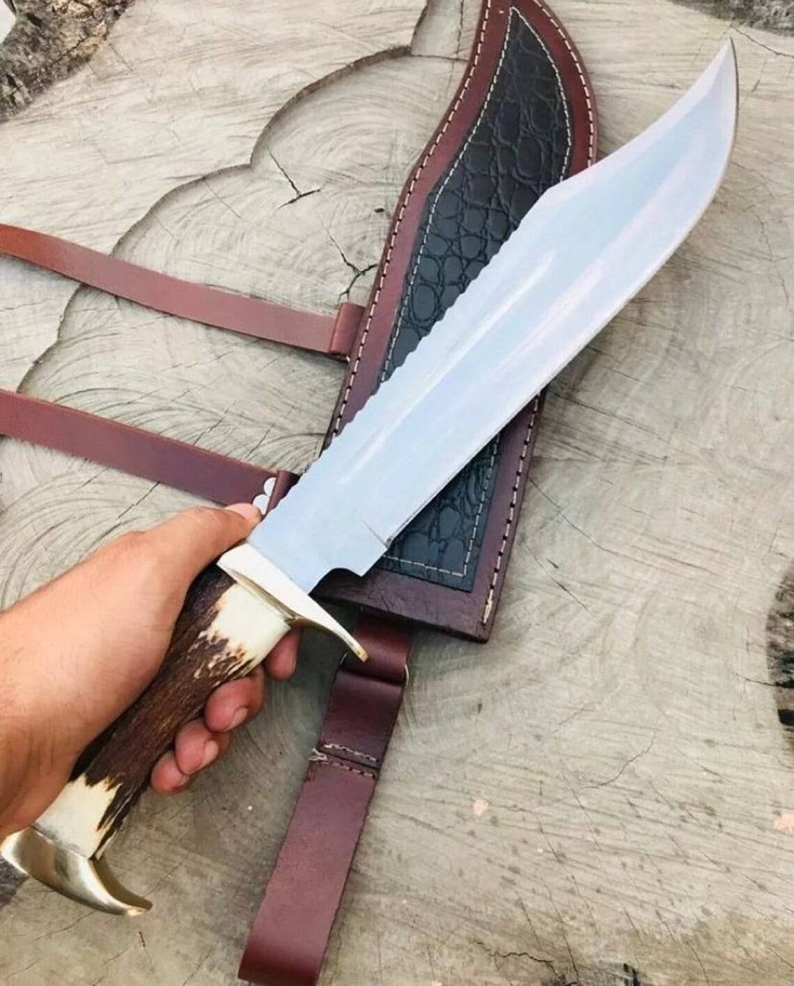 17-inch Bowie Knife, Full-tang Fixed Blade, Stag Handle Hunting Knife with Leather Sheath for Camping, Hiking, Survival