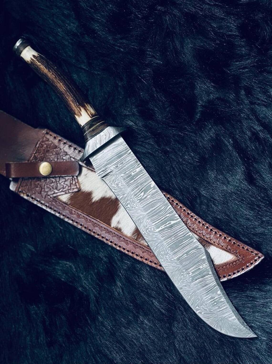 Custom Handmade Twist Damascus Steel Bowie Knife Stag Antler Handle