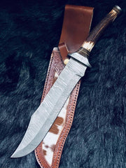 Custom Handmade Twist Damascus Steel Bowie Knife Stag Antler Handle