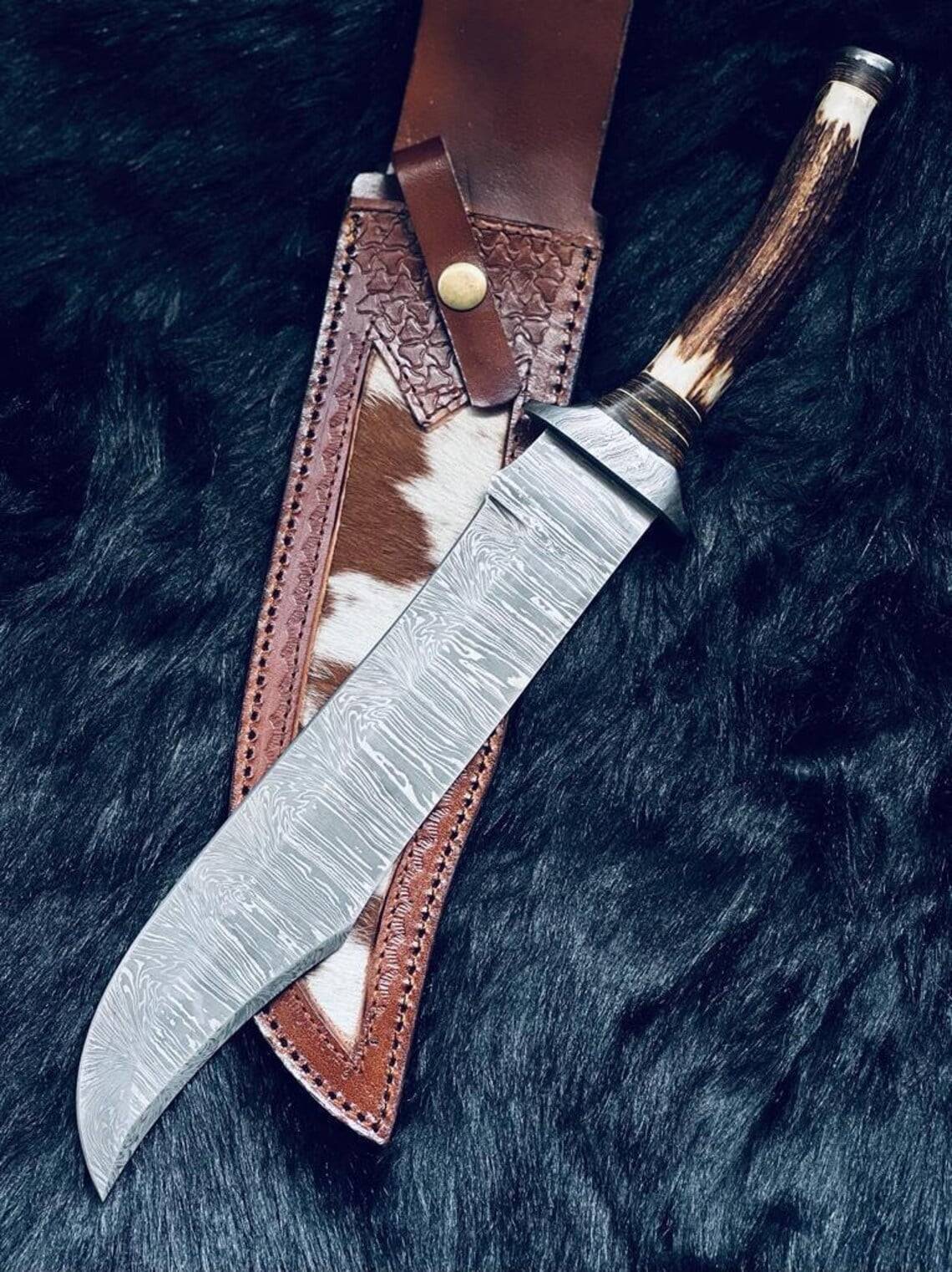 Custom Handmade Twist Damascus Steel Bowie Knife Stag Antler Handle