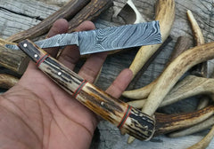 Handmade shaving razor Damascus steel blade and stag horn handle