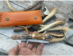 Handmade shaving razor Damascus steel blade and stag horn handle