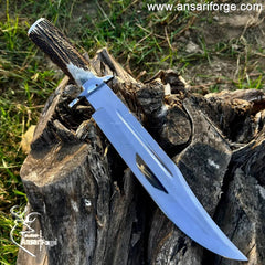 Hand-forged D2 steel Bowie knife with mirror-polished blade.