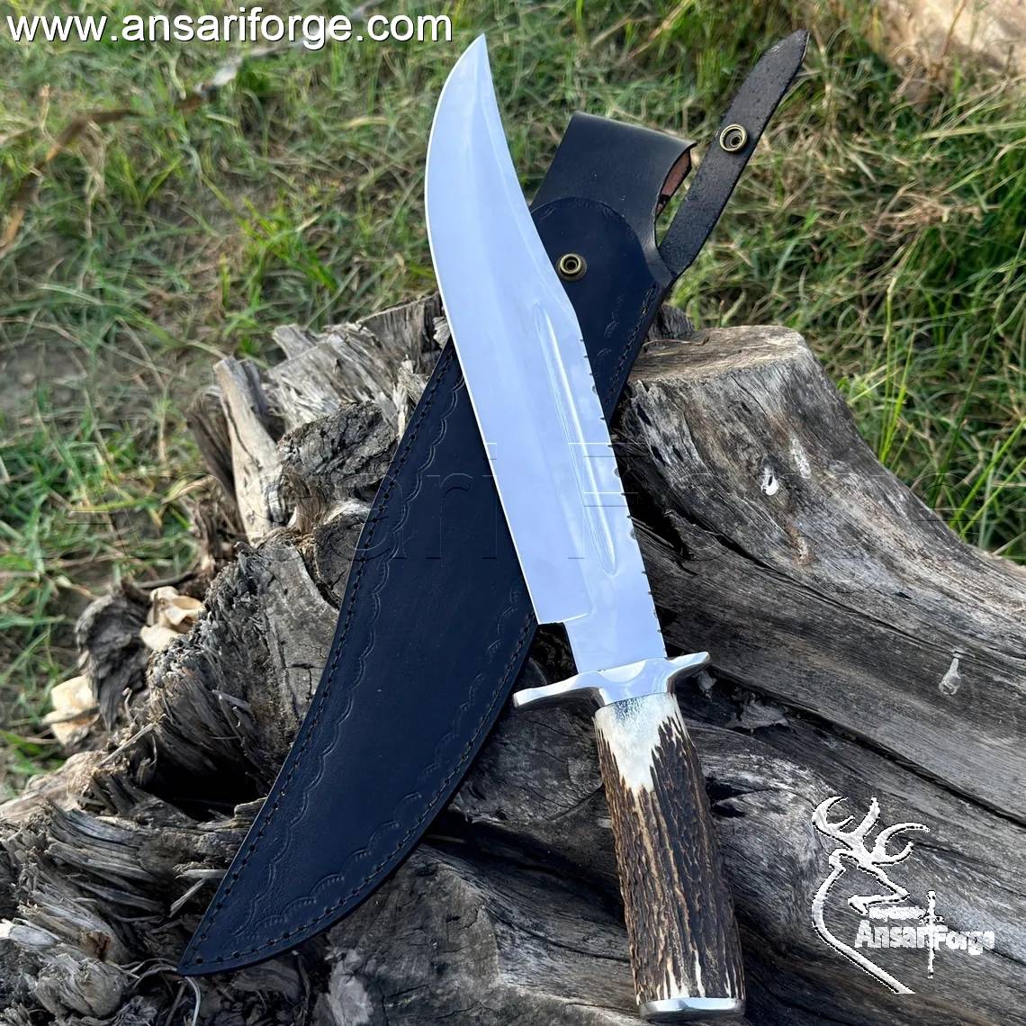 Mirror finish Bowie knife close-up view.