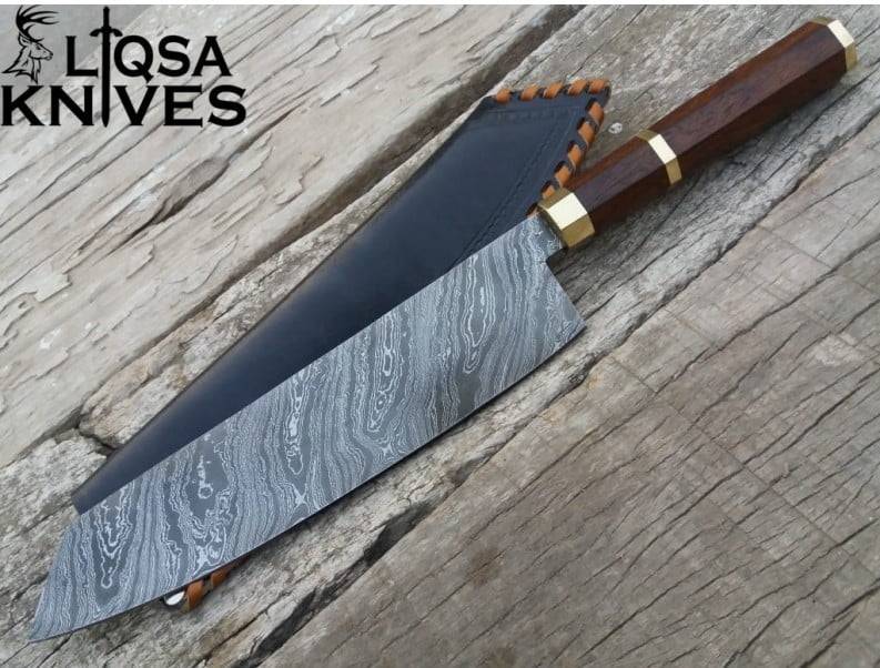 Professional Kiritsuke knife with genuine cowhide leather sheath - protective cover for Damascus steel blade.